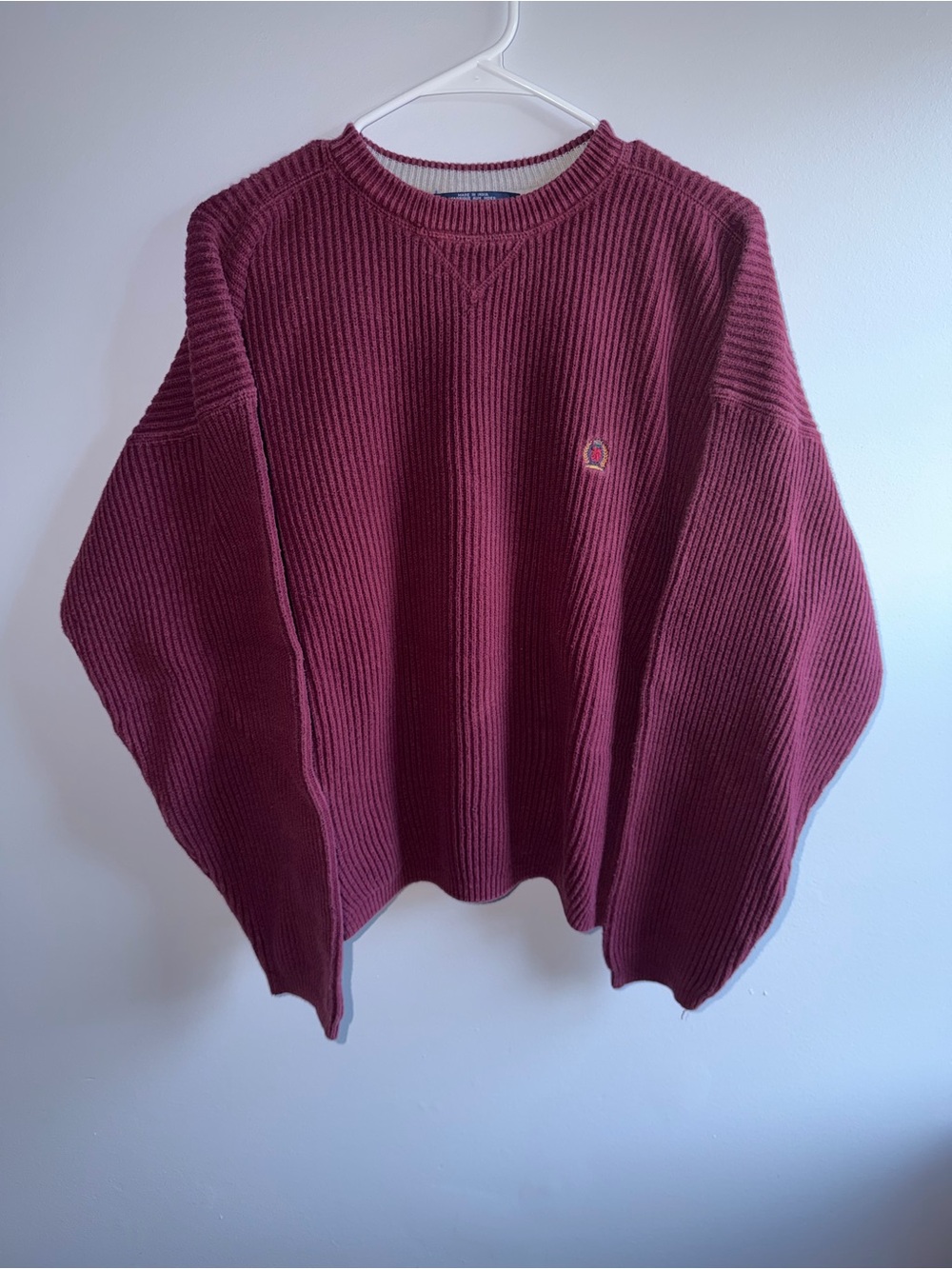 Tommy Hilfiger Vintage 90s Knit Crewneck Sweater Crest Logo Burgundy